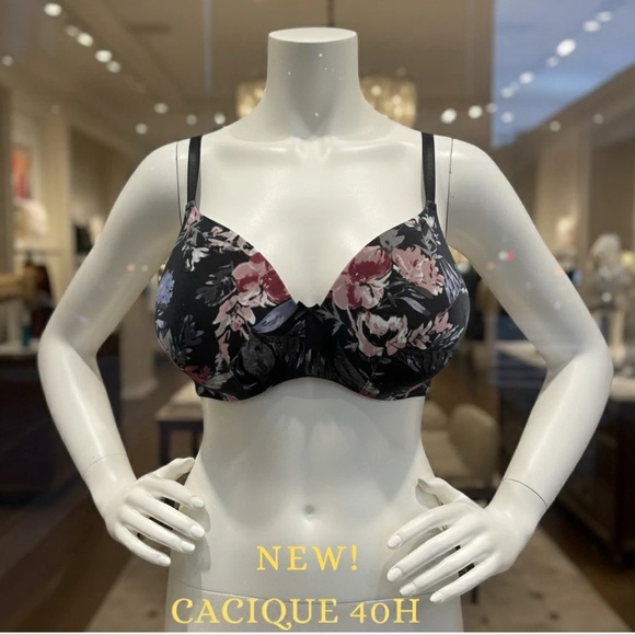 Cacique Other - NWOT CACIQUE Lightly Lined Balconette Bra Black Pink Floral Lace 40H T-shirt New